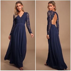 Lulu's Navy Blue Backless V-Neck Chiffon and Lace Evening Gown